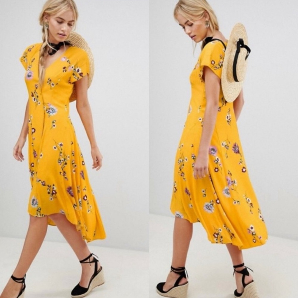 FREE PEOPLE Lost In You Yellow Floral Midi Dress